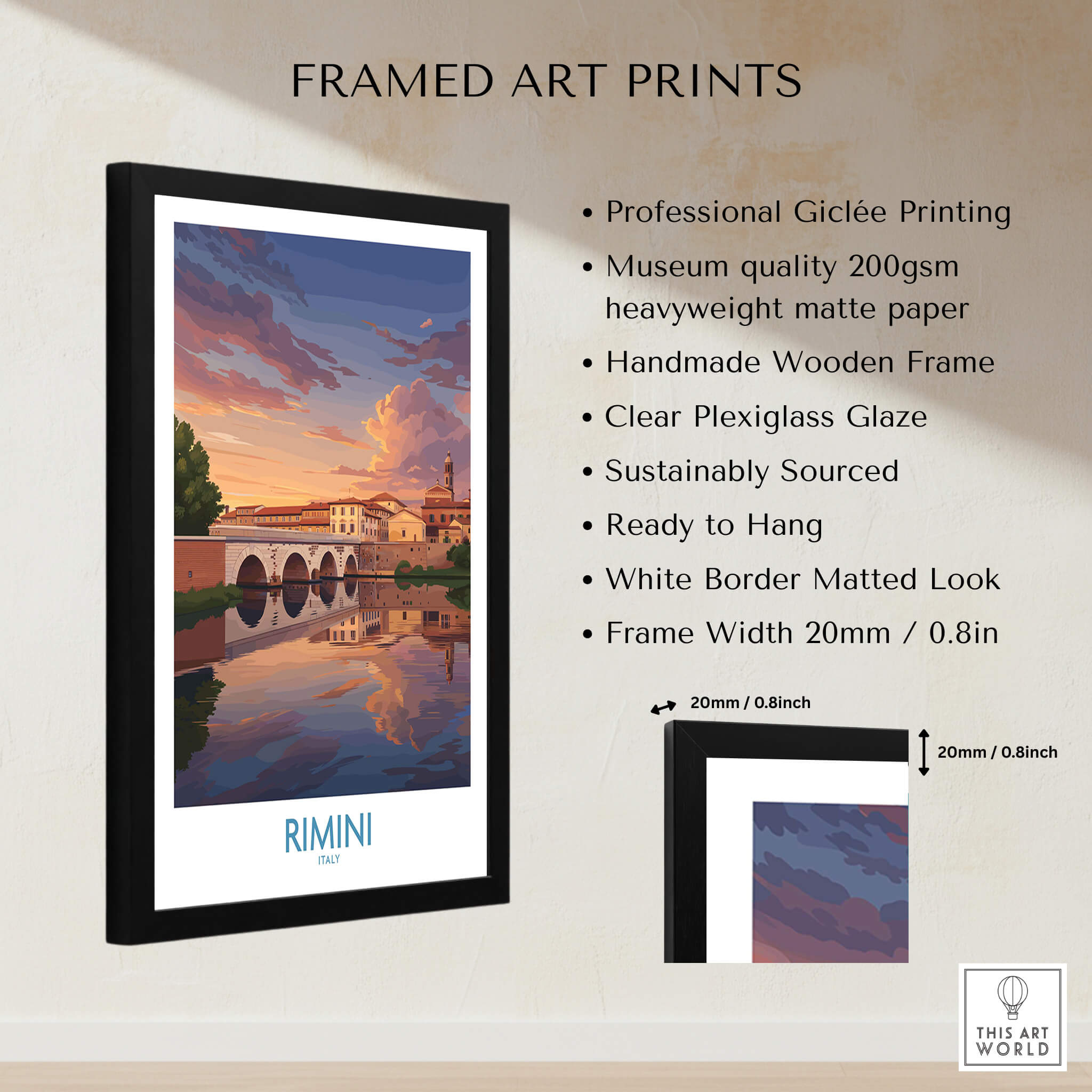 Rimini Italy Poster | Romantic Italian Town River View Canvas Print framed art print with museum-quality giclée printing.