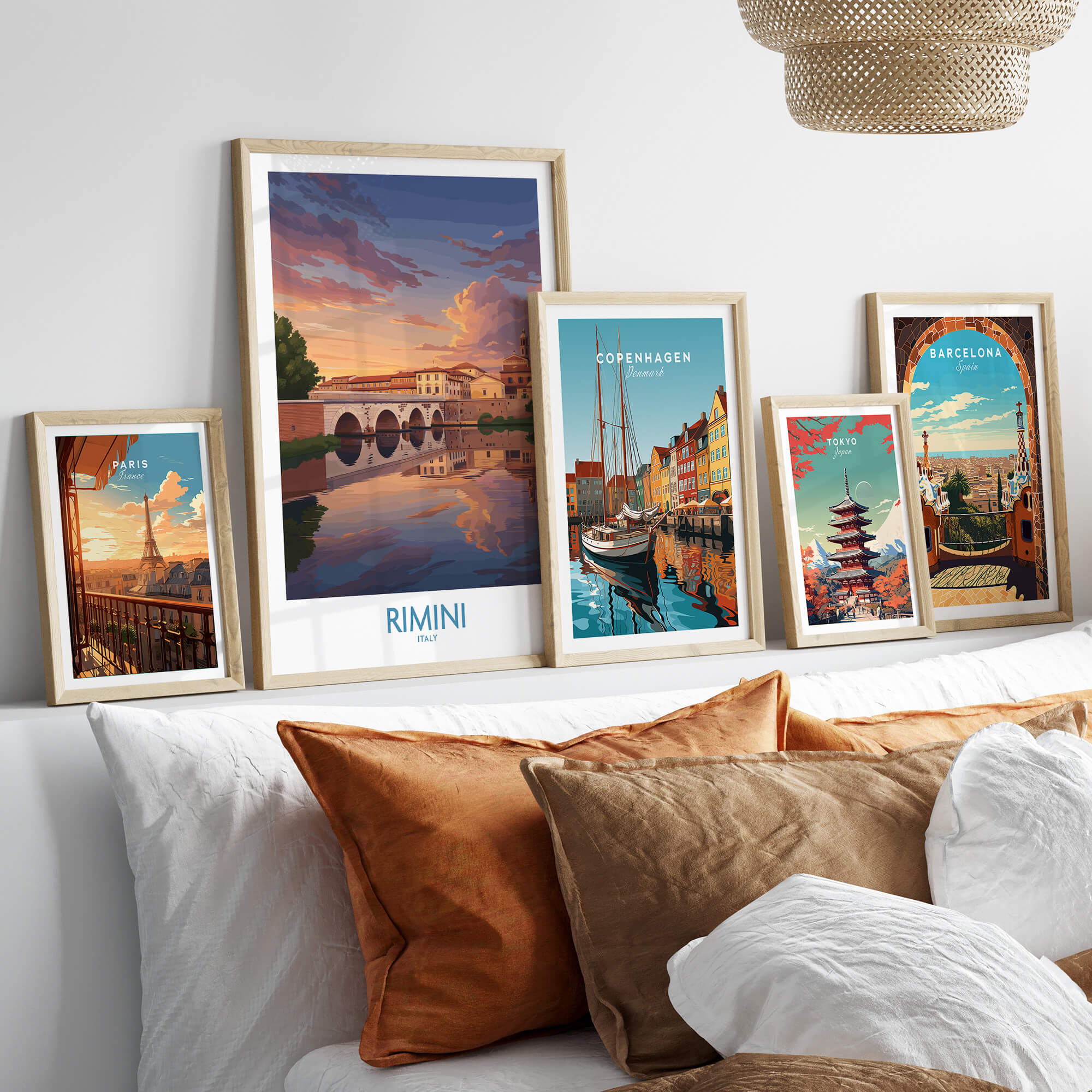 Rimini Italy Poster | Romantic Italian Town River View Canvas Print displayed among other city posters on a cozy sofa.