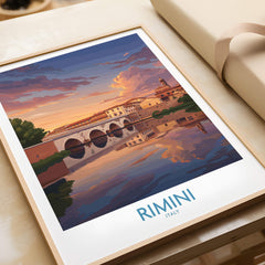 Rimini Italy Poster | Romantic Italian Town River View Canvas Print featuring a sunset over the waterfront.