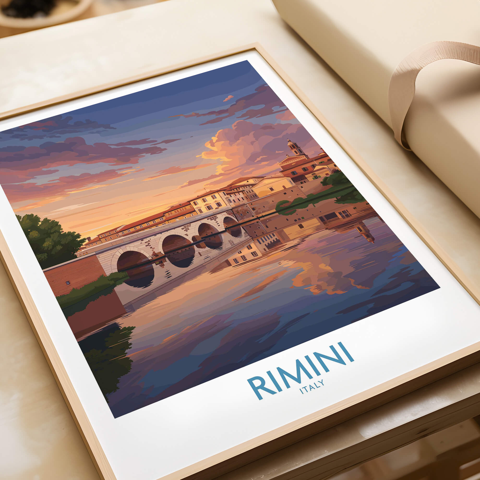 Rimini Italy Poster | Romantic Italian Town River View Canvas Print featuring a sunset over the waterfront.