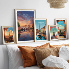 Rimini Italy Wall Art Print | Dramatic Sunset Over Tiberius Bridge Travel Poster displayed with other travel prints
