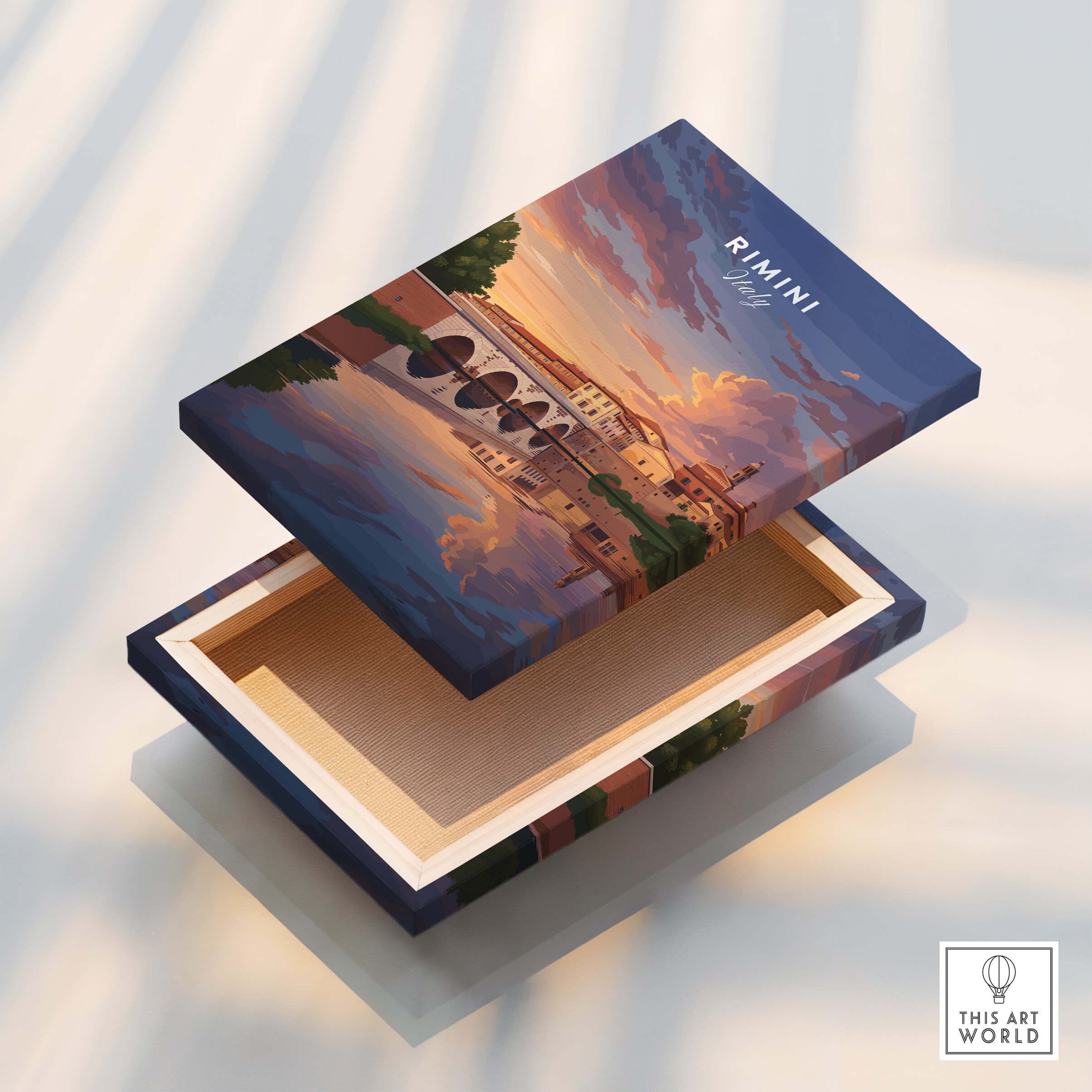 Rimini Italy Wall Art Print | Dramatic Sunset Over Tiberius Bridge Travel Poster decorative box with sunset design