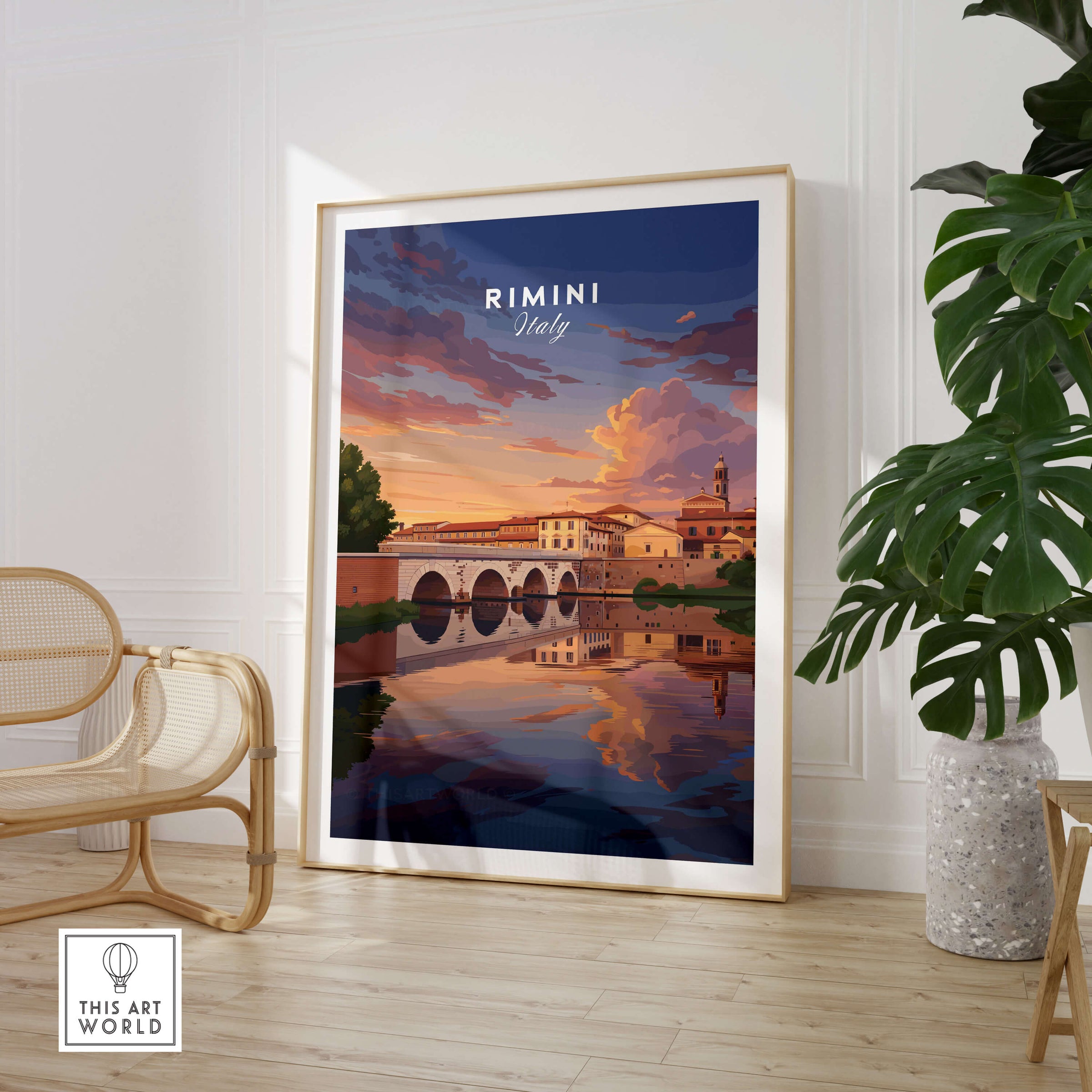 Rimini Italy Wall Art Print | Dramatic Sunset Over Tiberius Bridge Travel Poster featuring stunning sunset reflections.