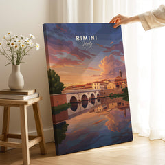 Rimini Italy Wall Art Print | Dramatic Sunset Over Tiberius Bridge Travel Poster displayed in a cozy living room.