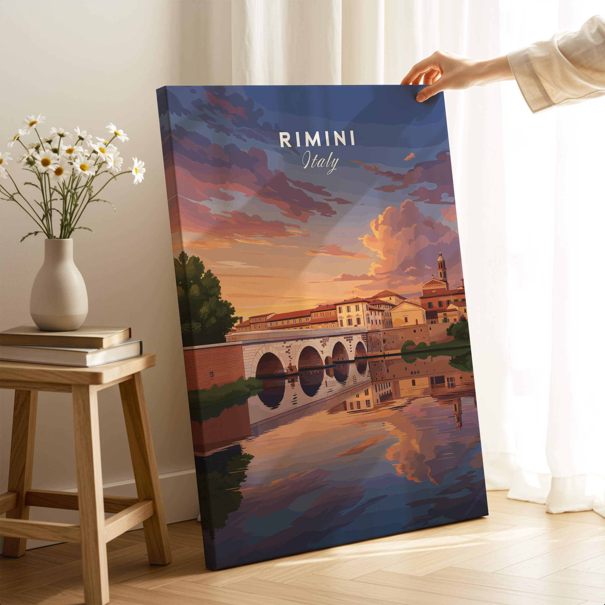 Rimini Italy Wall Art Print | Dramatic Sunset Over Tiberius Bridge Travel Poster displayed in a cozy living room.