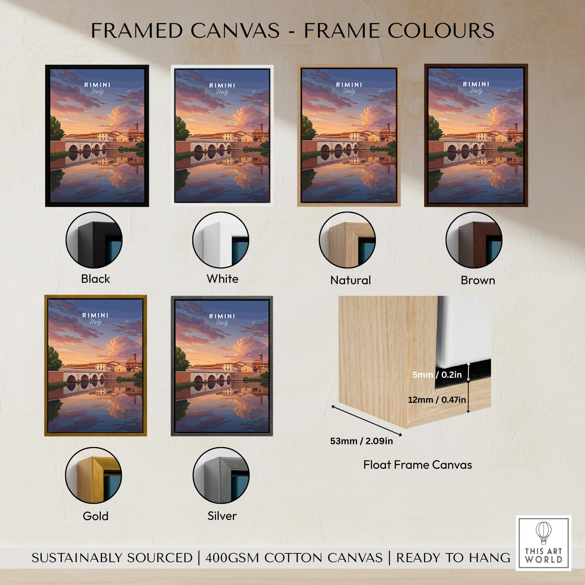 Rimini Italy Wall Art Print | Dramatic Sunset Over Tiberius Bridge Travel Poster framed in various colors.
