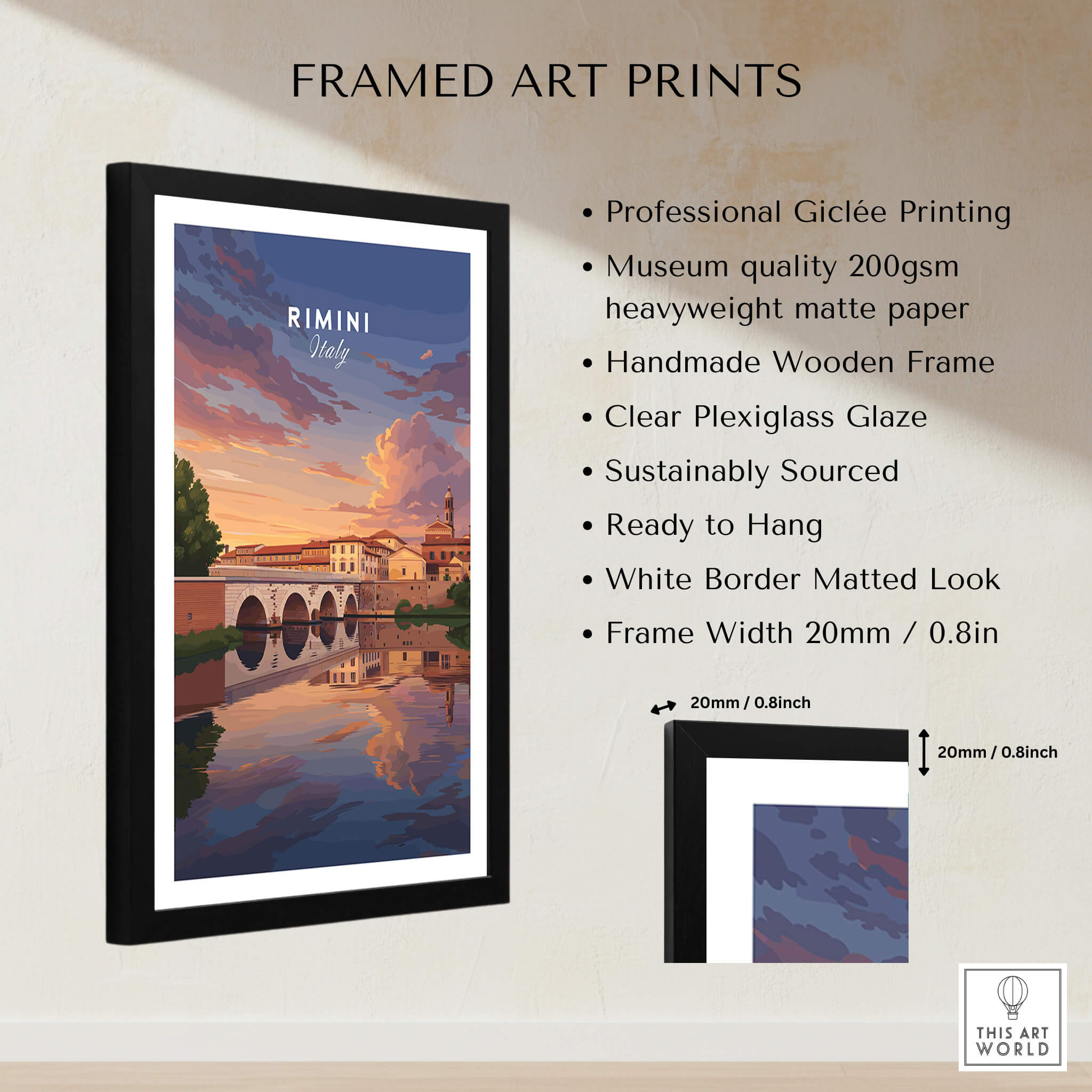 Rimini Italy Wall Art Print | Dramatic Sunset Over Tiberius Bridge Travel Poster framed art print with clear glaze.