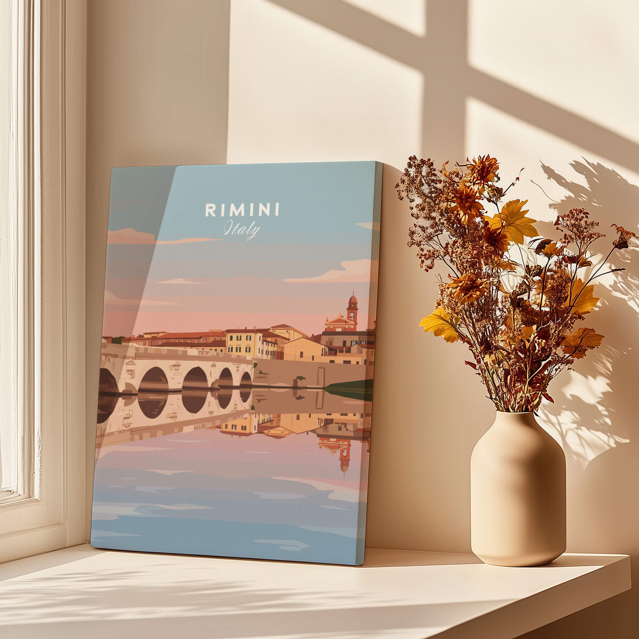 Rimini Italy Wall Art Print | Historic Bridge Reflection Travel Poster displayed on a shelf with a vase of flowers.