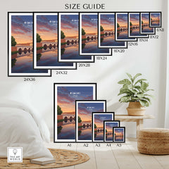 Rimini Italy Wall Art Print | Dramatic Sunset Over Tiberius Bridge Travel Poster size guide showcasing various frame sizes.
