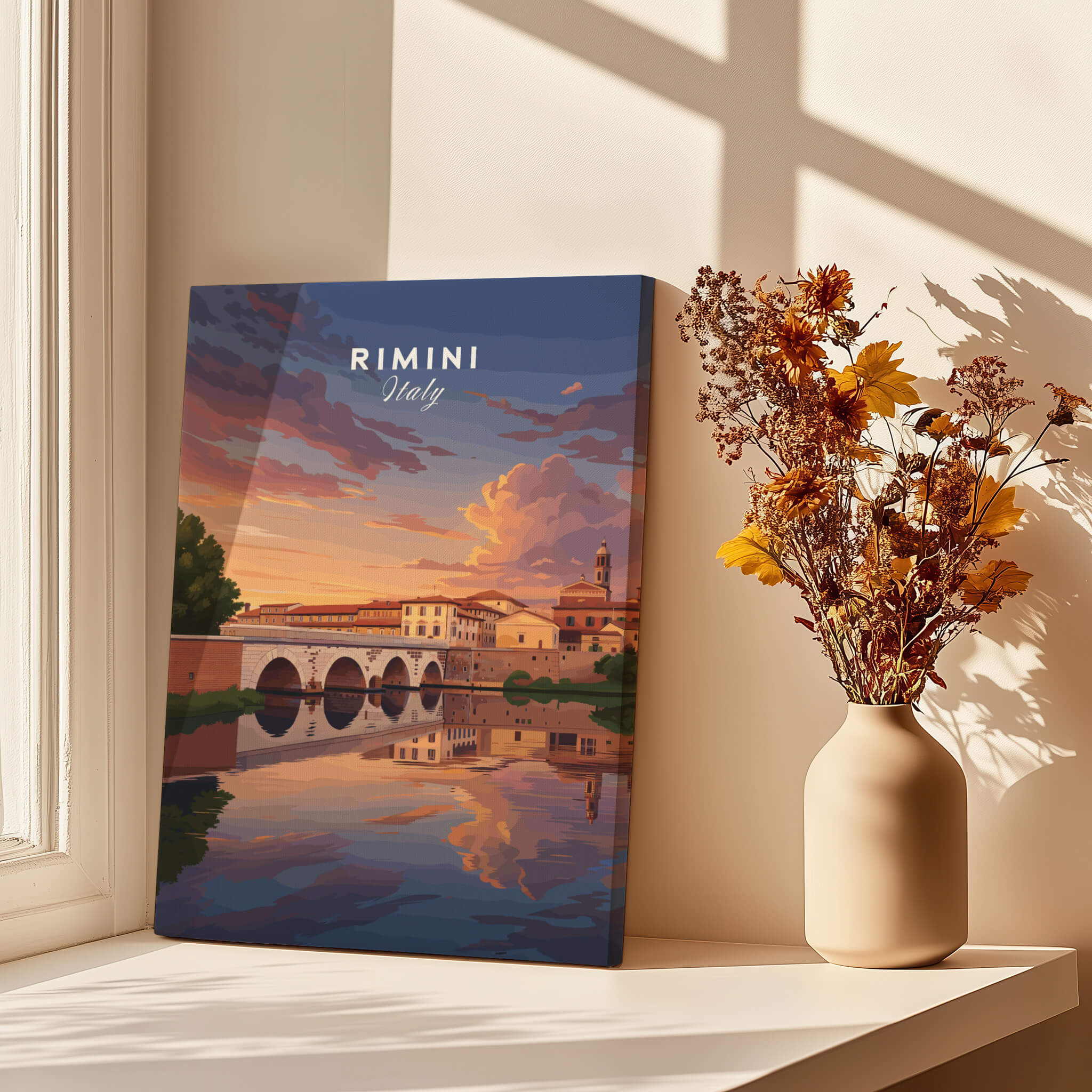 Rimini Italy Wall Art Print | Dramatic Sunset Over Tiberius Bridge Travel Poster displayed near a vase of flowers.