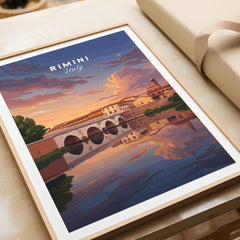 Rimini Italy Wall Art Print | Dramatic Sunset Over Tiberius Bridge Travel Poster featuring the Tiberius Bridge and sunset reflection.