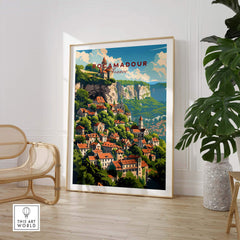 Rocamadour poster print featuring colorful depiction of the iconic French village in a stylish interior setting.
