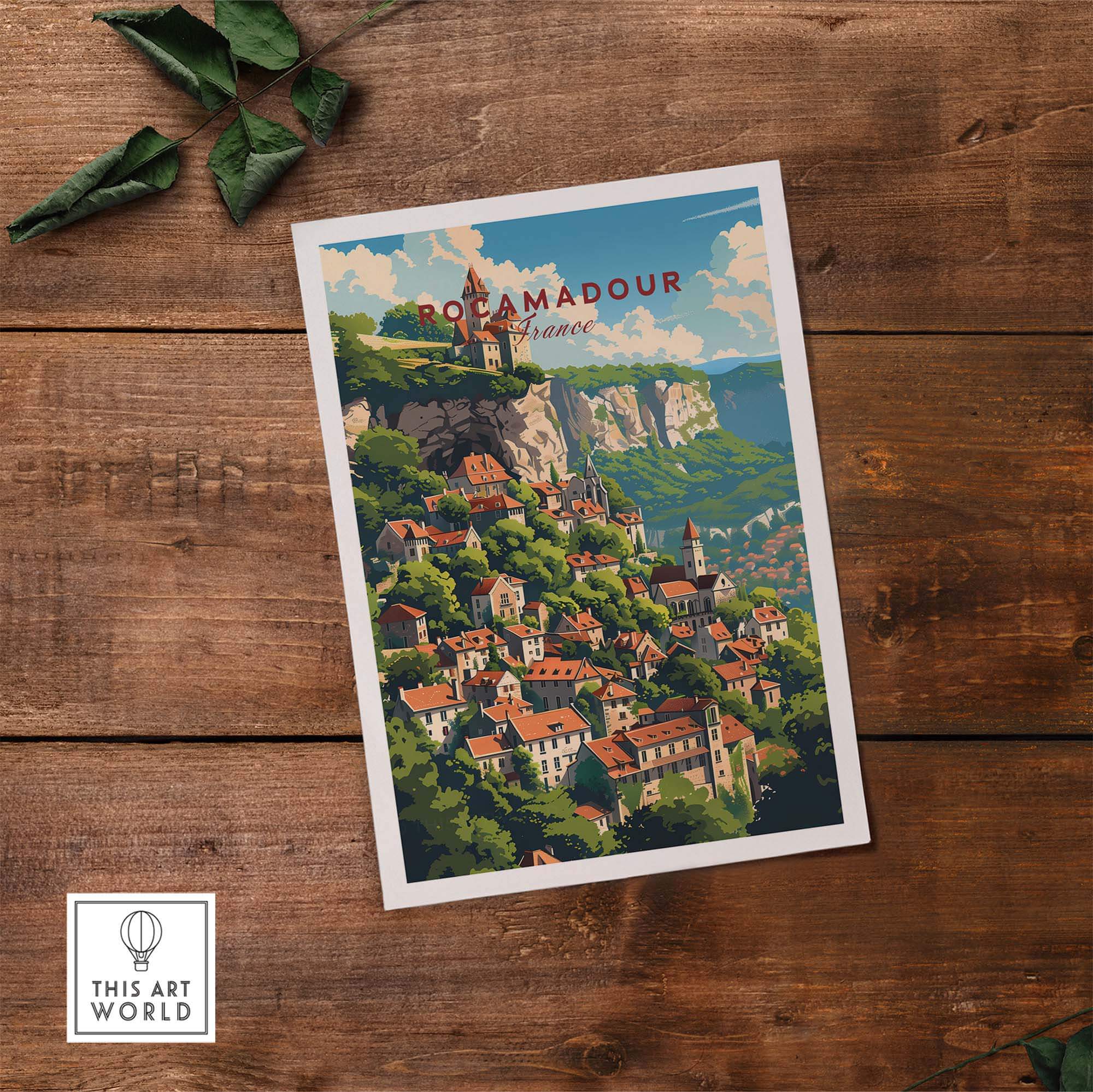 Rocamadour Poster Print showcasing the iconic French village nestled in scenic hills, perfect for home decor and art lovers.