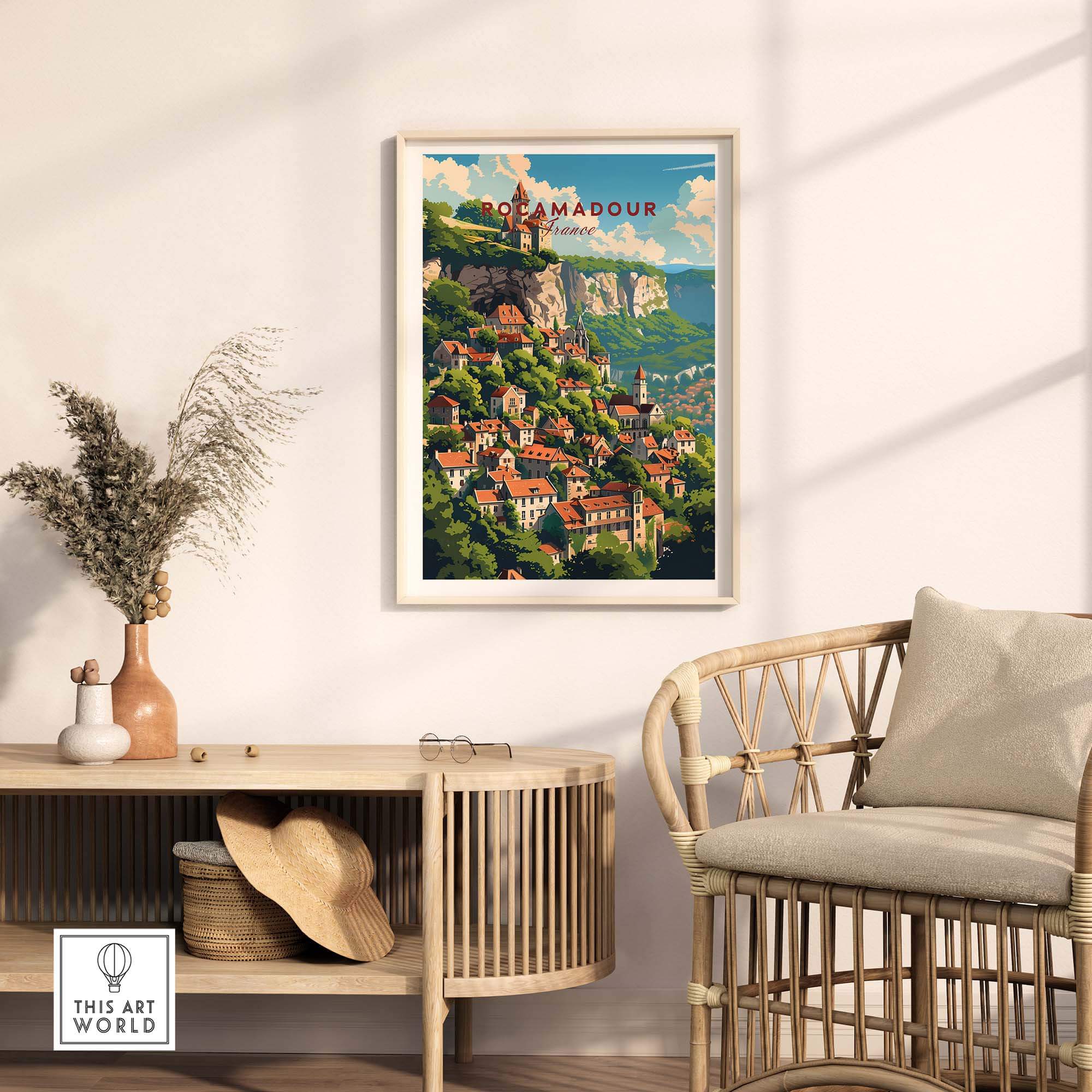 Rocamadour poster print displayed in a stylish room, enhancing home decor with French village charm.