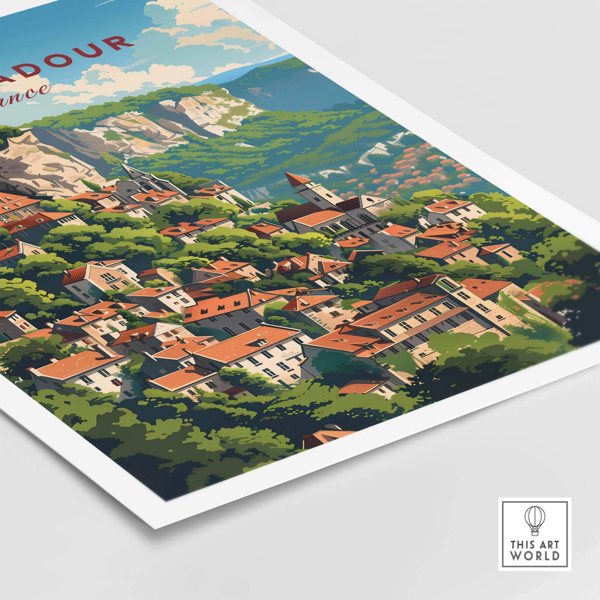Rocamadour Poster Print featuring an aerial view of the French village with lush greenery and charming rooftops. Ideal for home decor.