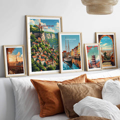 Rocamadour poster print displayed with travel art prints on a decorative wall, enhancing home decor with cultural charm.