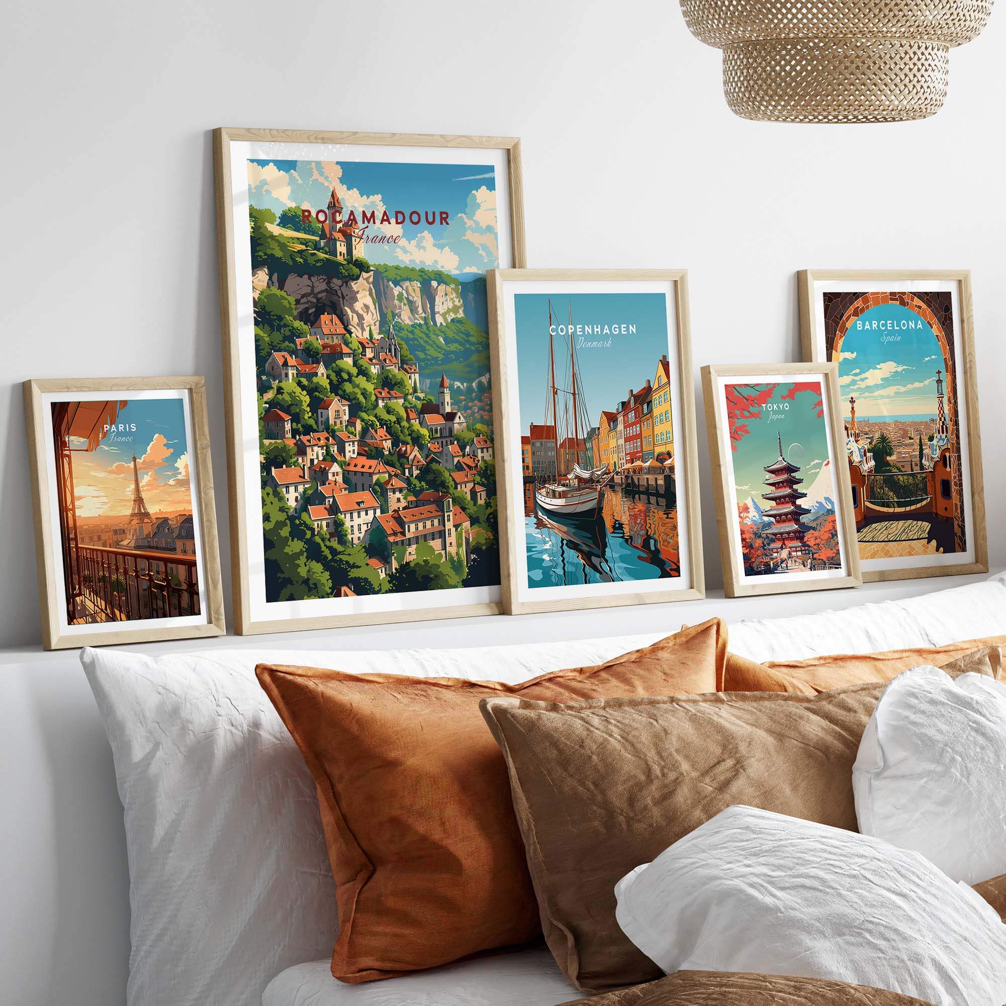 Rocamadour poster print displayed with travel art prints on a decorative wall, enhancing home decor with cultural charm.