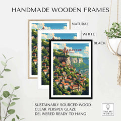 Handmade wooden frames in natural, white, and black showcasing Rocamadour poster print, sustainably sourced and ready to hang.