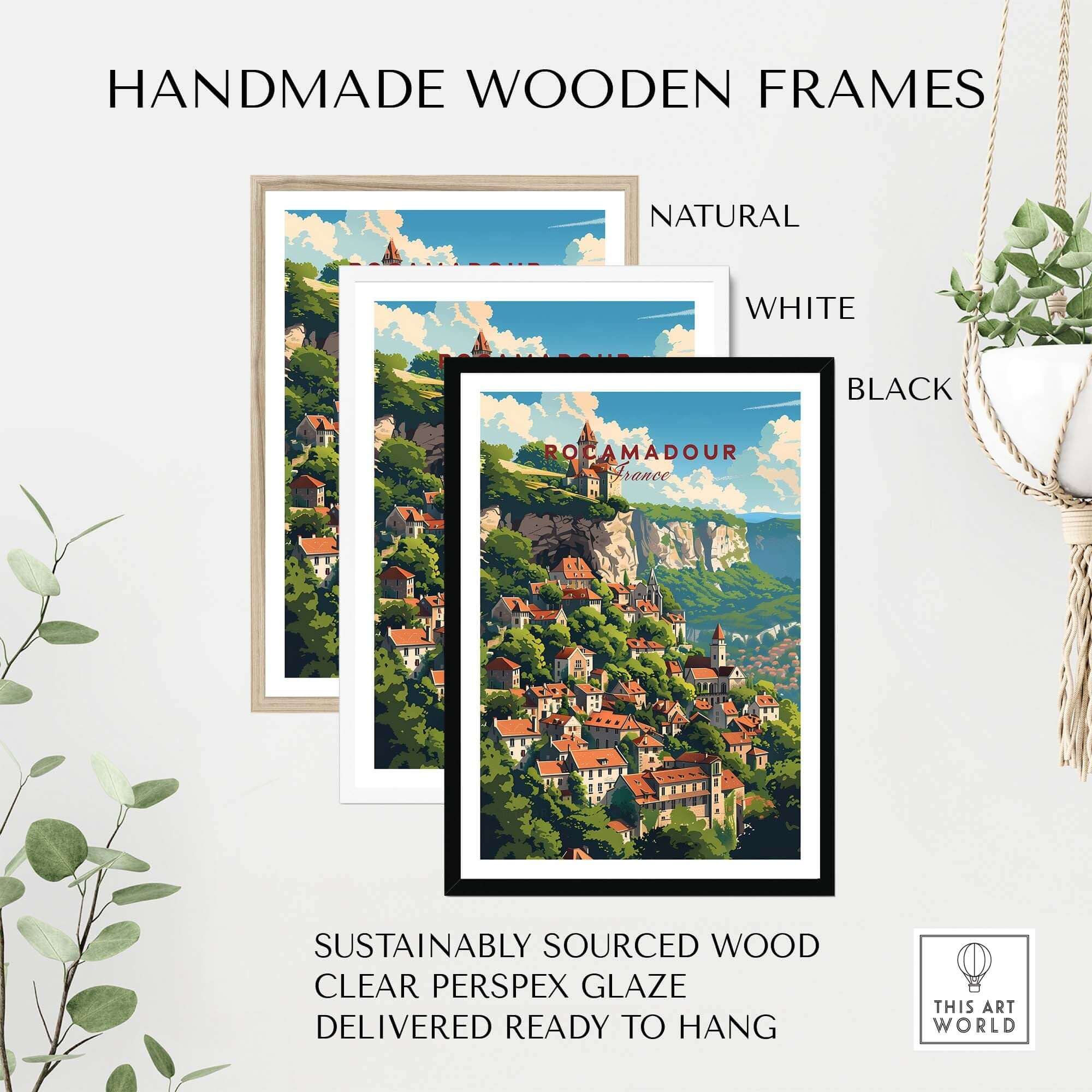Handmade wooden frames in natural, white, and black showcasing Rocamadour poster print, sustainably sourced and ready to hang.