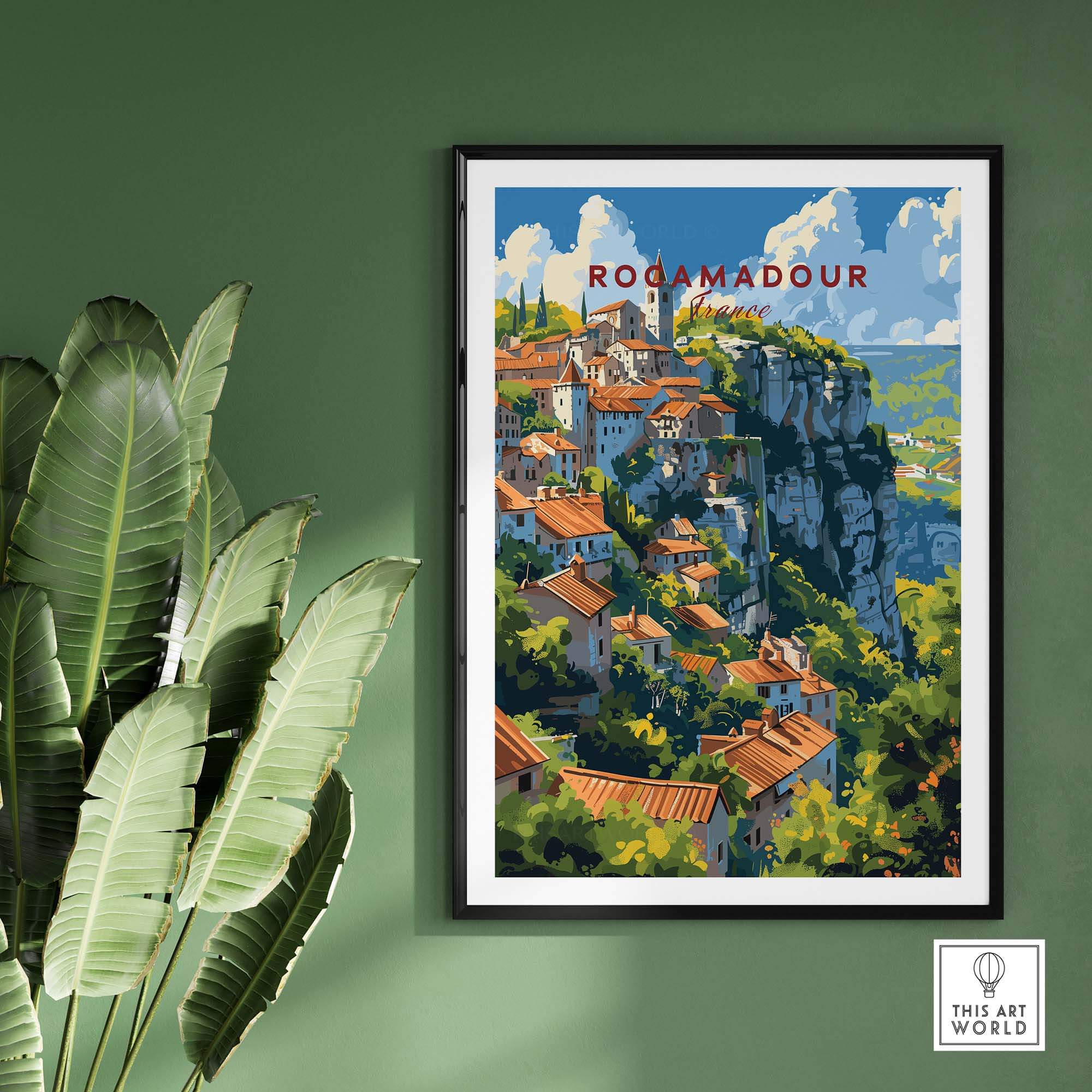 Rocamadour Travel Poster showcasing the iconic town's scenic beauty and vibrant architecture against a green backdrop.
