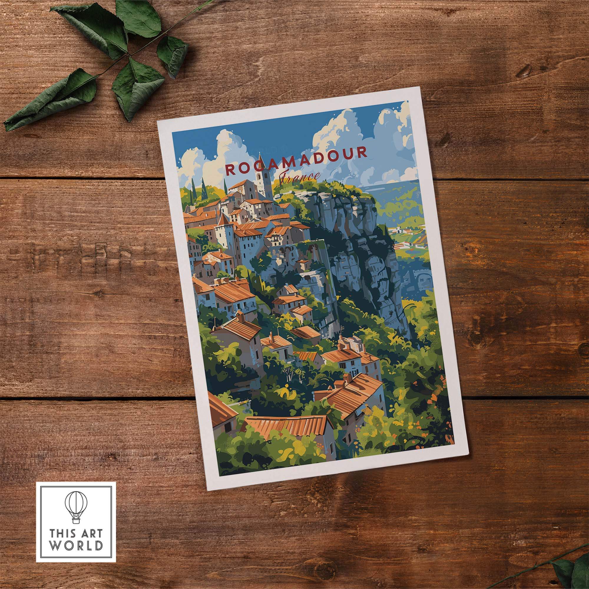 Rocamadour travel poster showcasing the picturesque French town with vibrant colors and stunning landscapes. Perfect wall art.