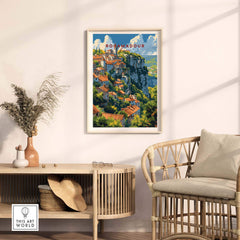 Rocamadour travel poster featuring the iconic town against a scenic backdrop, perfect for home decor and art lovers.