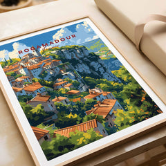 Rocamadour Travel Poster showcasing the iconic town in France with charming landscapes and vibrant colors.