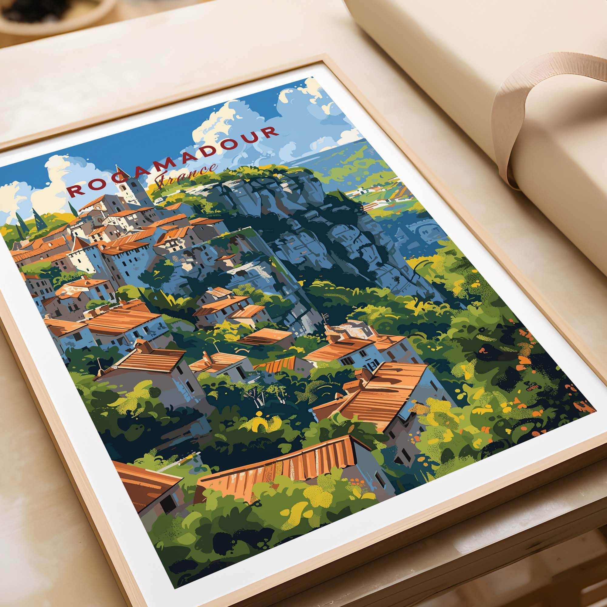Rocamadour Travel Poster showcasing the iconic town in France with charming landscapes and vibrant colors.