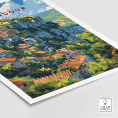 Rocamadour travel poster showcasing the iconic French town, vibrant landscapes, and charming architecture. Perfect for art lovers.