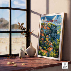 Rocamadour Travel Poster displayed in a bright room, showcasing the iconic French town and its scenic landscape.