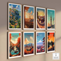 Collage of travel posters featuring Rocamadour, Paris, Barcelona, London, Amsterdam, Florence, Tokyo, and Angkor Wat.