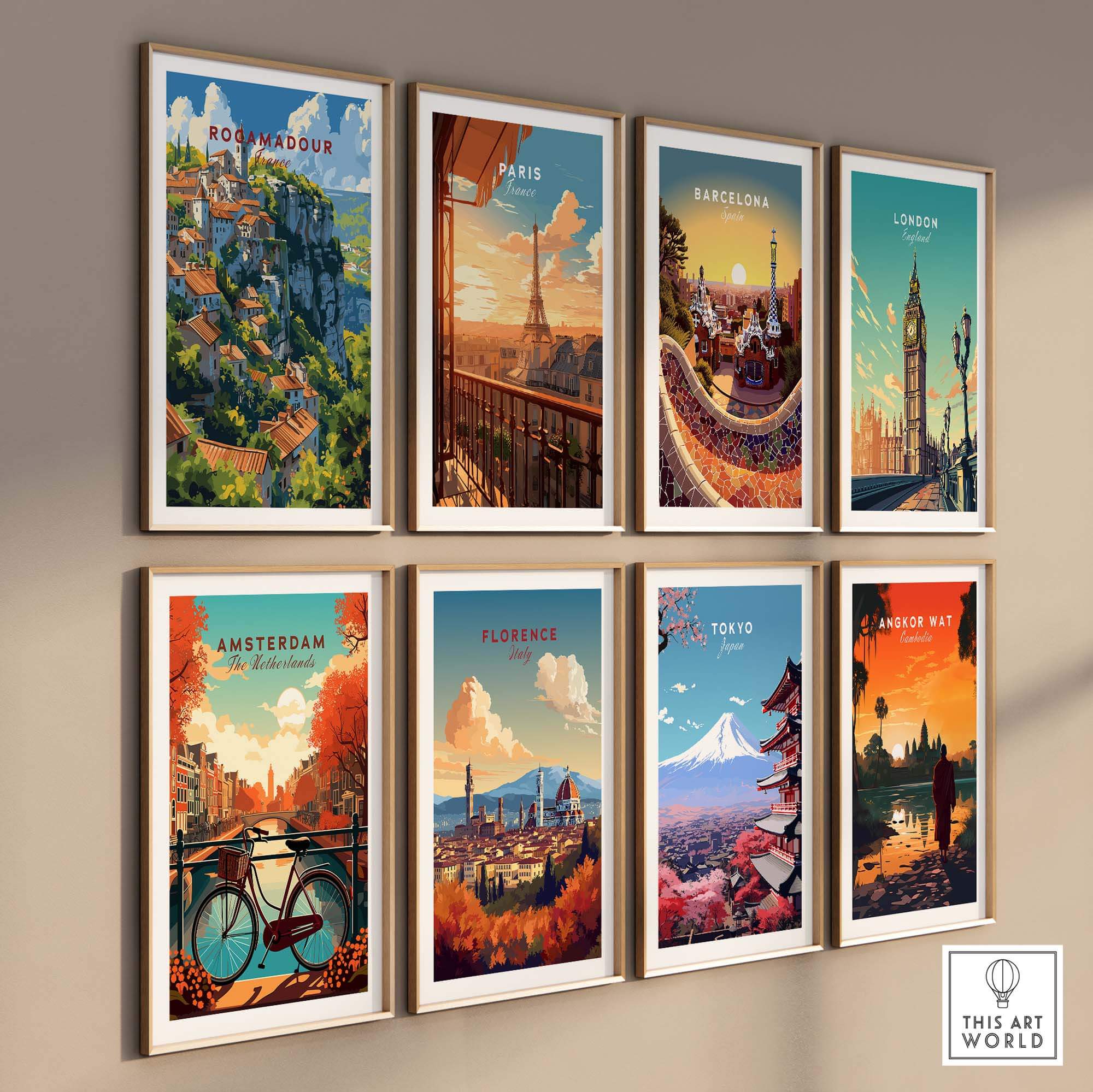Collage of travel posters featuring Rocamadour, Paris, Barcelona, London, Amsterdam, Florence, Tokyo, and Angkor Wat.