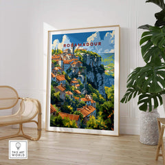 Rocamadour travel poster capturing the charming town of Rocamadour, France, displayed in a stylish interior setting.