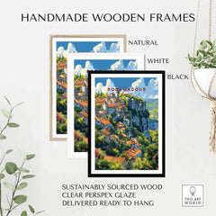 Handmade wooden frames in natural, white, and black, displaying the Rocamadour travel poster for home decor.