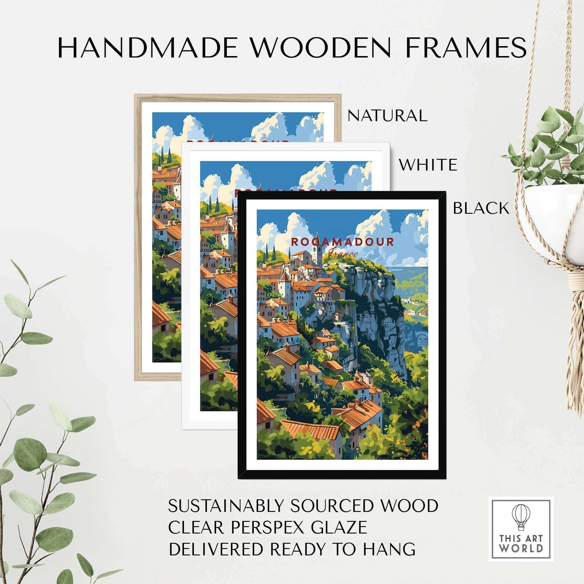 Handmade wooden frames in natural, white, and black, displaying the Rocamadour travel poster for home decor.