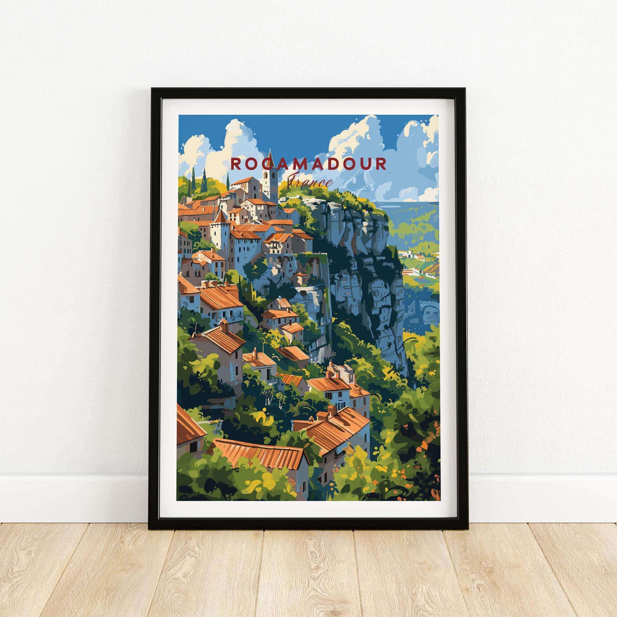Rocamadour travel poster showcasing the iconic town's cliffs and houses in vibrant colors, perfect for art lovers and travelers.