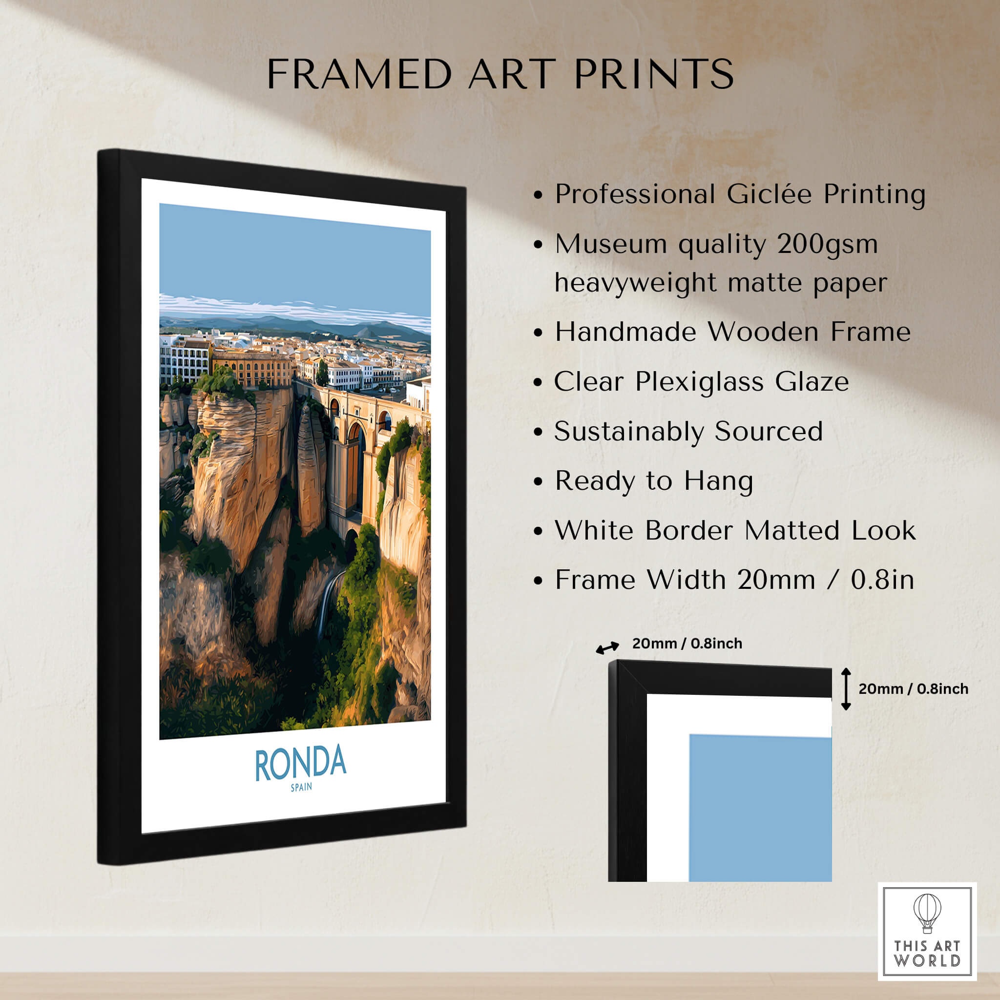 Ronda Spain Poster | Stunning Gorge Landscape Scene Canvas Print framed art print with professional Giclée printing.
