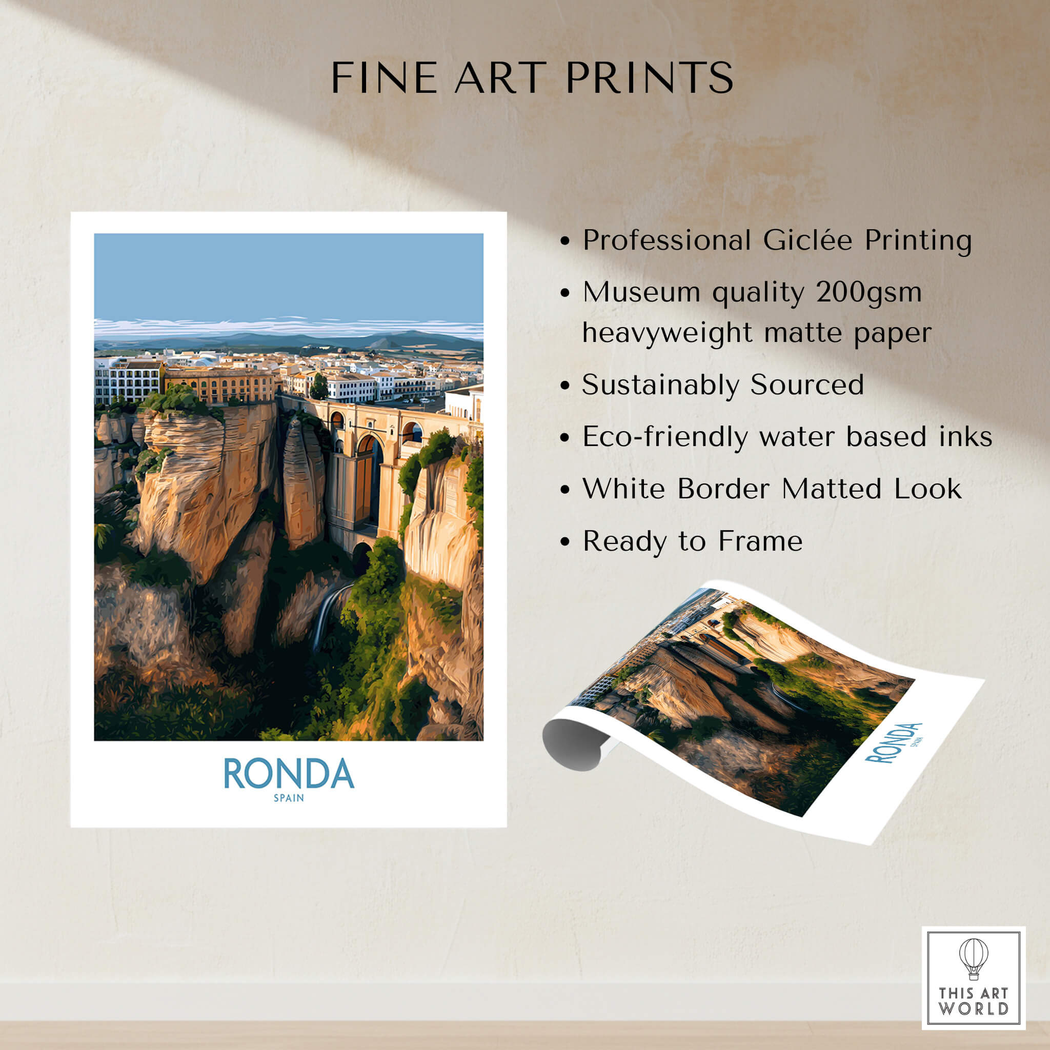 Ronda Spain Poster | Stunning Gorge Landscape Scene Canvas Print showcasing a breathtaking view of Ronda's iconic gorge and city.