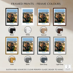 Ronda Spain Poster | Stunning Gorge Landscape Scene Canvas Print showcased in various frame color options.