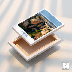 Ronda Spain Poster | Stunning Gorge Landscape Scene Canvas Print displayed on a wooden box