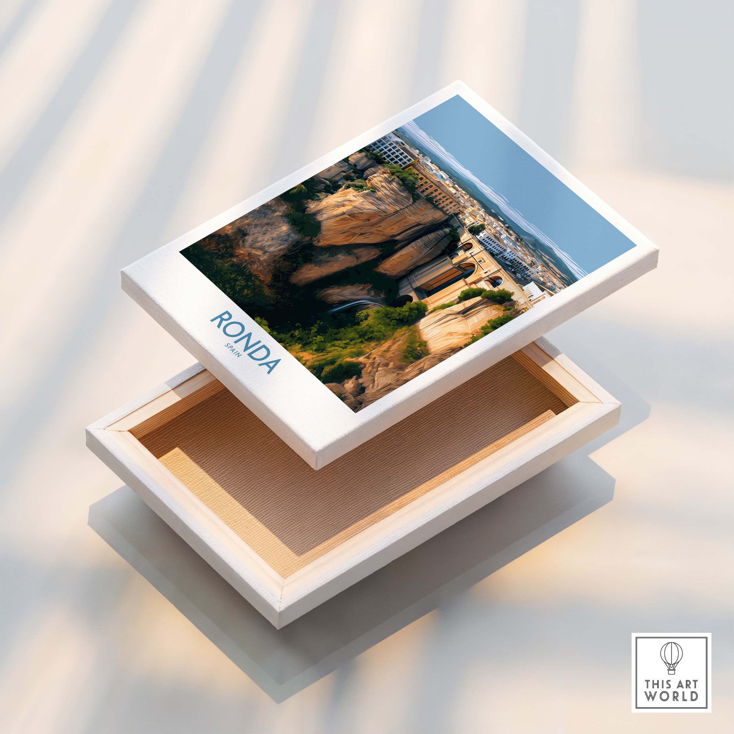 Ronda Spain Poster | Stunning Gorge Landscape Scene Canvas Print displayed on a wooden box