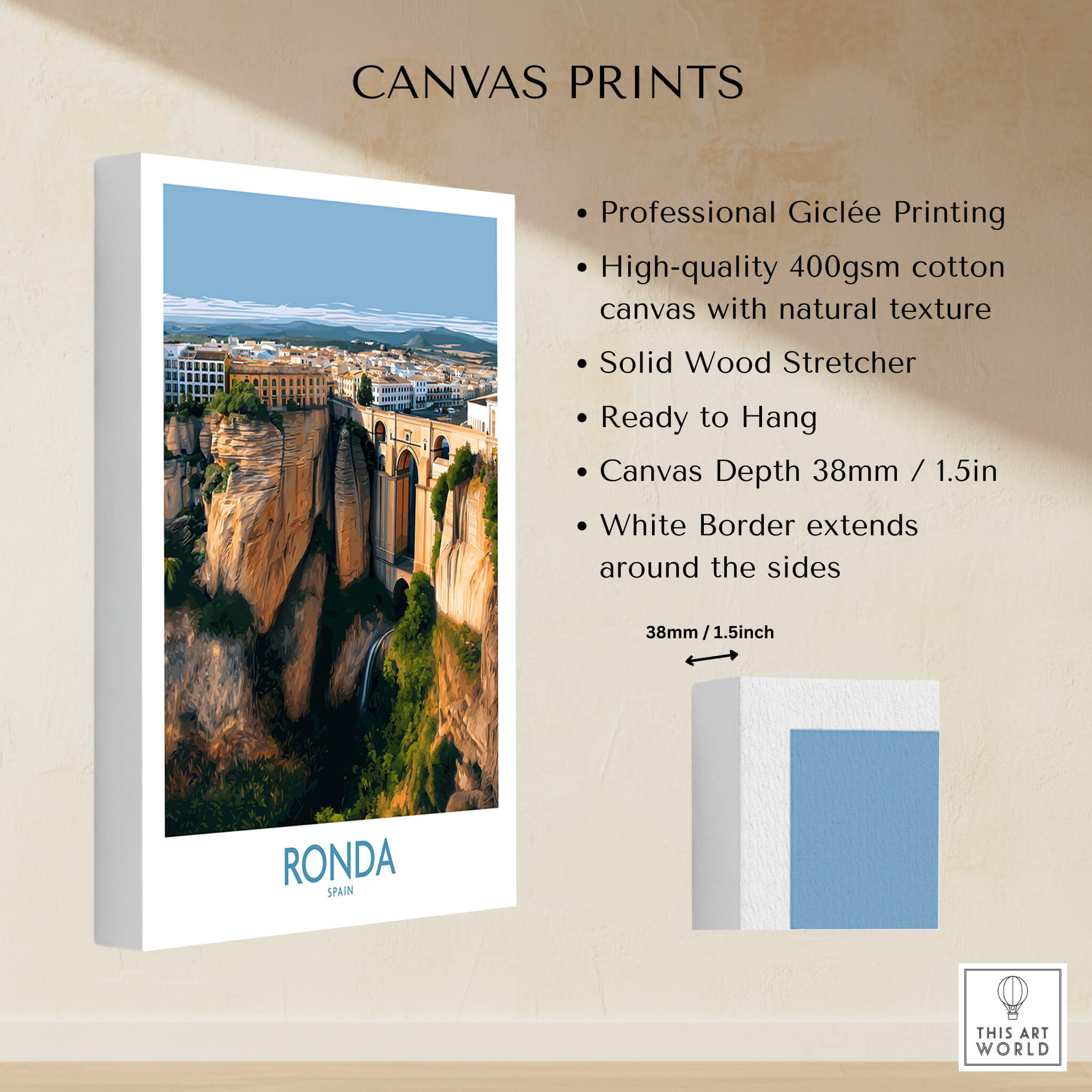 Ronda Spain Poster | Stunning Gorge Landscape Scene Canvas Print showcasing high-quality Giclée printing and natural texture.