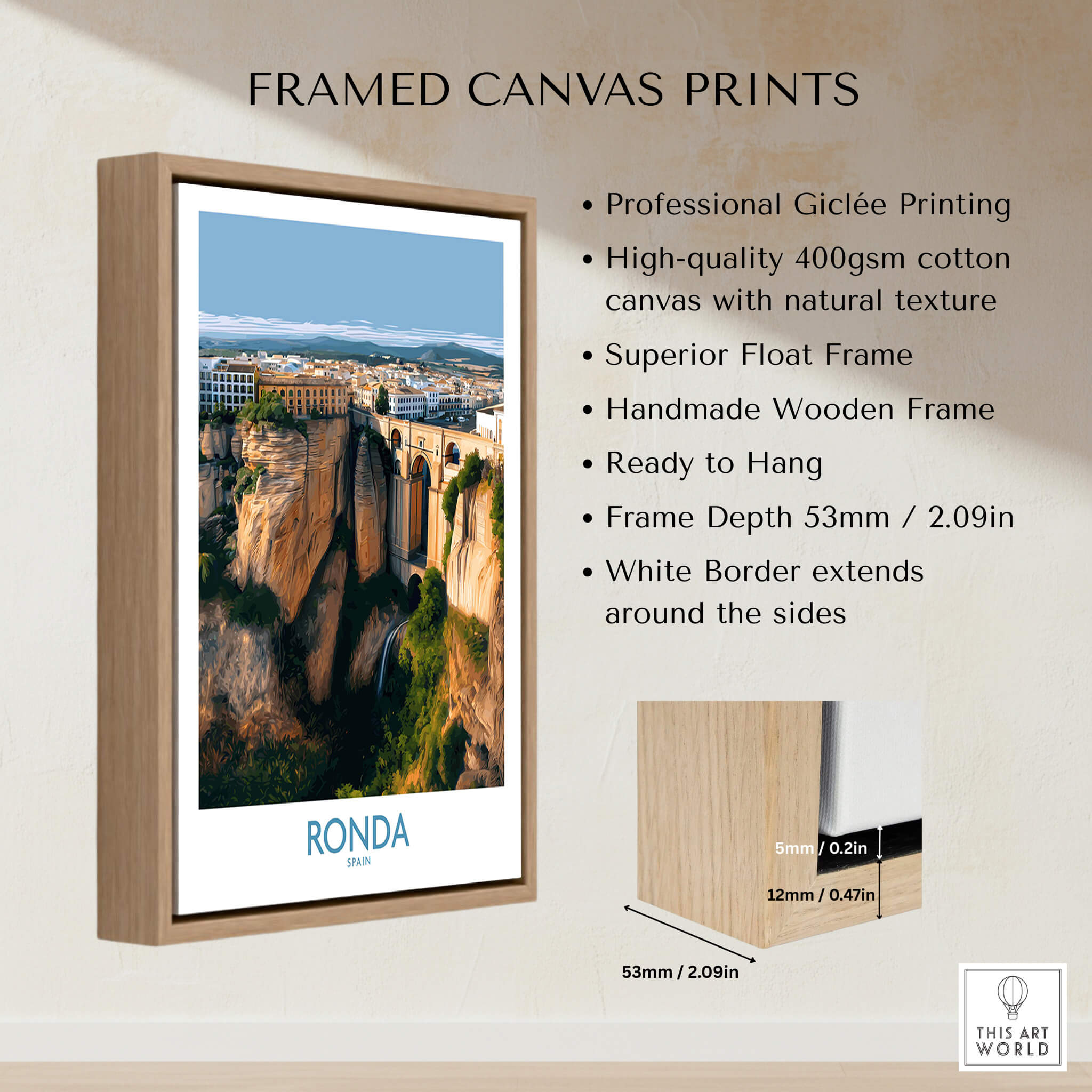 Ronda Spain Poster | Stunning Gorge Landscape Scene Canvas Print framed product image showcasing professional Giclée printing.