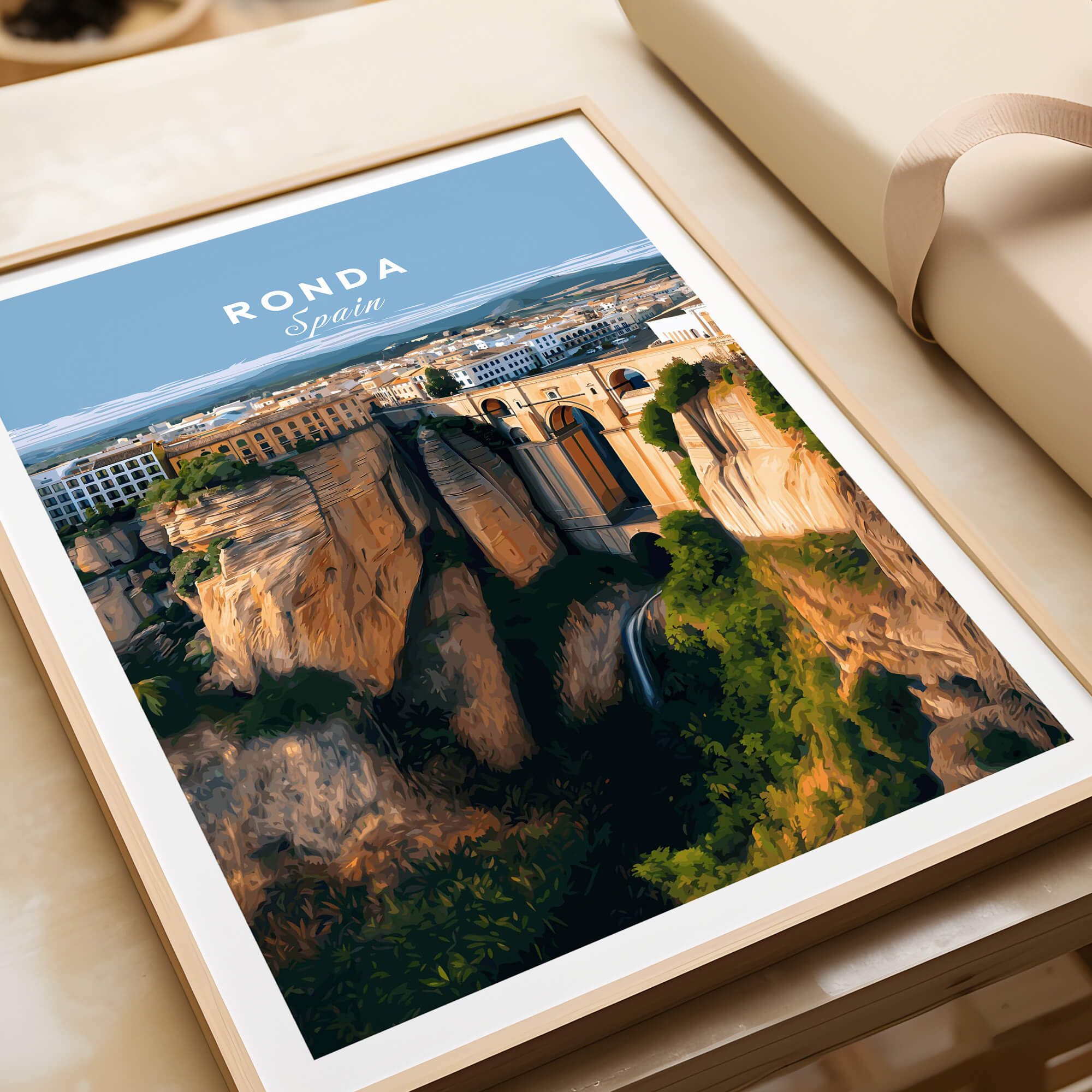 Ronda Spain Wall Art Print | Panoramic Andalusian Cityscape Travel Poster featuring a stunning view of Ronda.