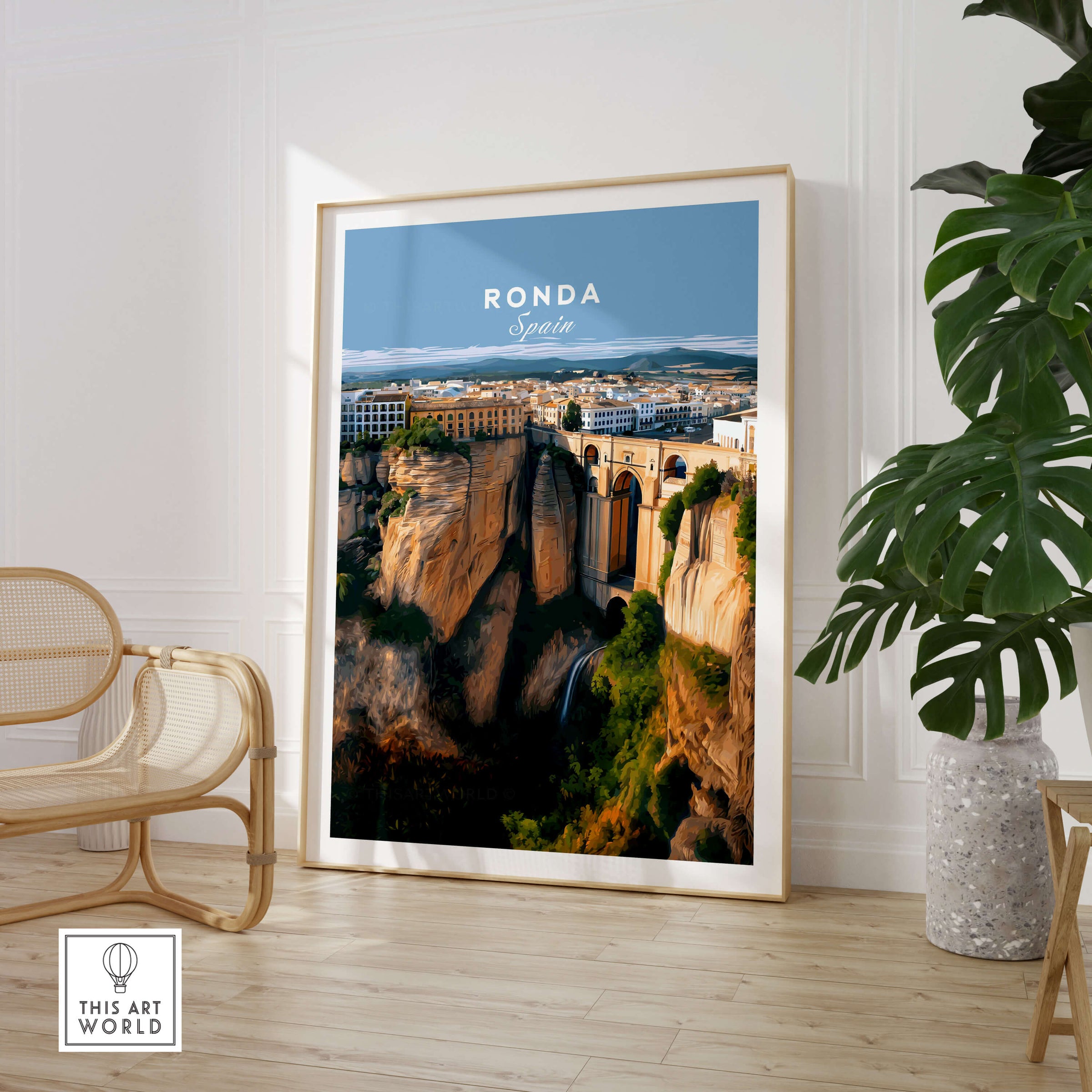 Ronda Spain Wall Art Print | Panoramic Andalusian Cityscape Travel Poster displayed in a modern interior setting.