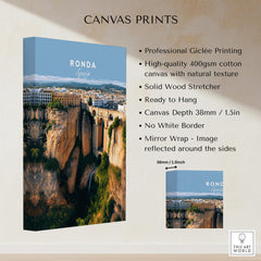 Ronda Spain Wall Art Print | Panoramic Andalusian Cityscape Travel Poster displayed on high-quality canvas.