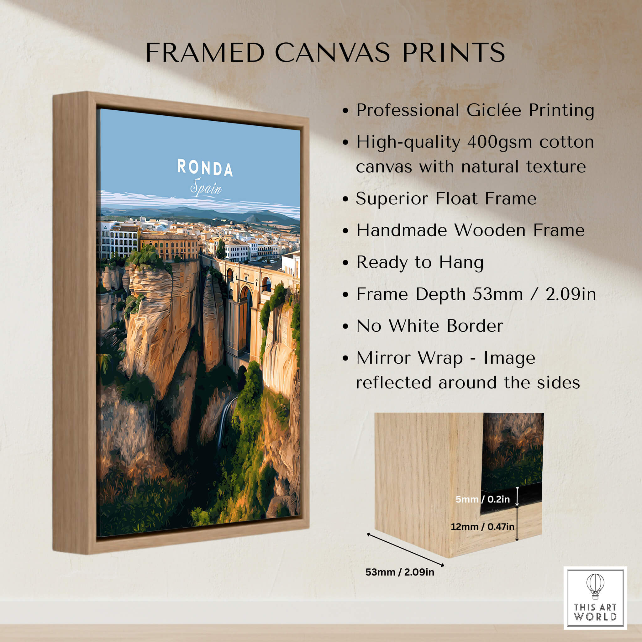 Ronda Spain Wall Art Print | Panoramic Andalusian Cityscape Travel Poster framed in natural wooden frame.