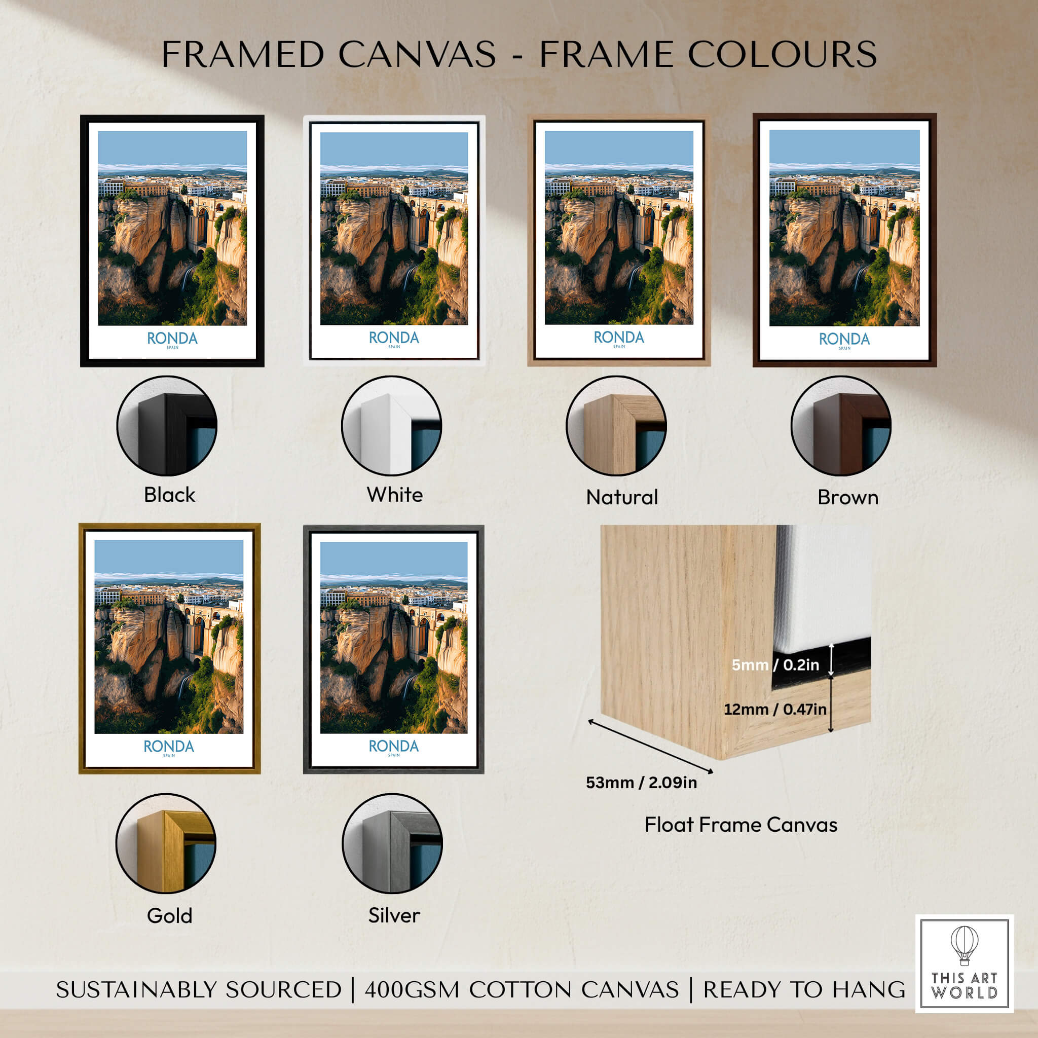 Ronda Spain Poster | Stunning Gorge Landscape Scene Canvas Print in various frame colors including black, white, and natural.