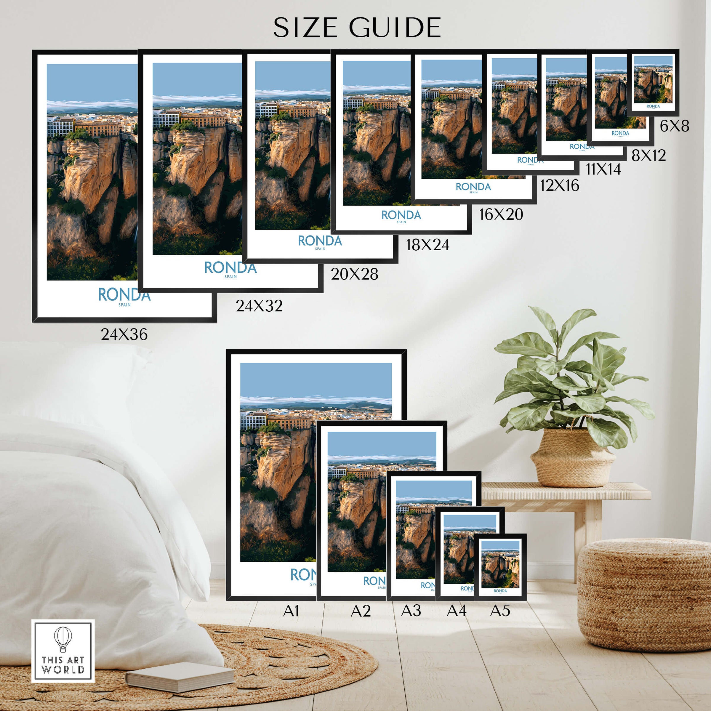 Ronda Spain Poster | Stunning Gorge Landscape Scene Canvas Print Size Guide with various frame dimensions.