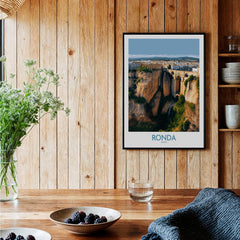 Ronda Spain Poster | Stunning Gorge Landscape Scene Canvas Print displayed in a rustic home setting with natural light.